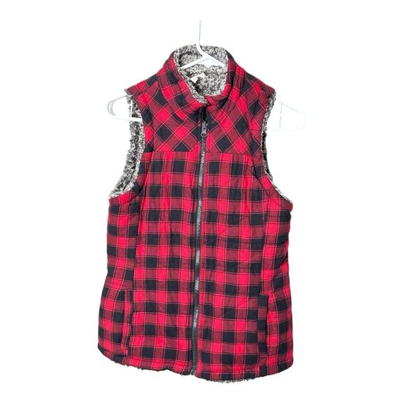 Maurice’s red black reversible plaid grey sherpa vest size small - Picture 3 of 7
